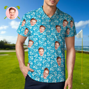 Men’s Custom Face Polo Shirt Blue Crush Personalized Hawaiian Golf Shirts Gift for Him