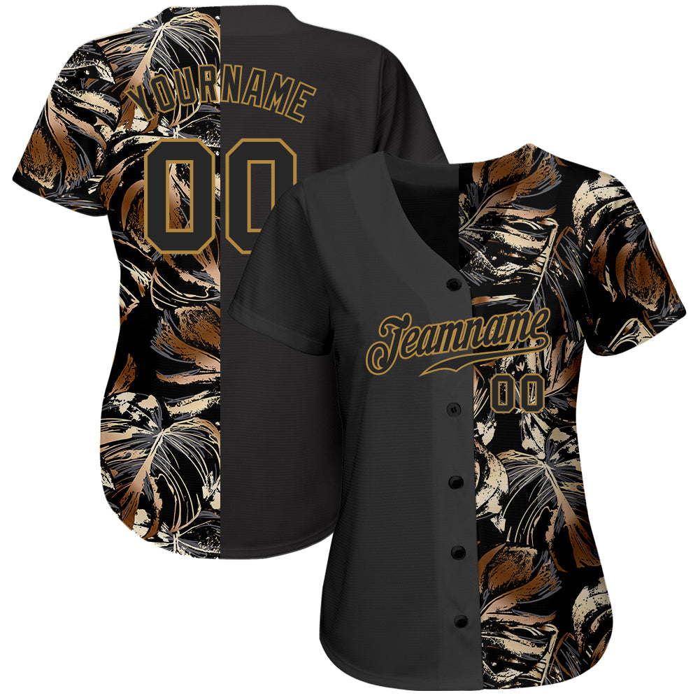 Custom 3D Pattern Design Golden Tropical Leaves In The Style Of Jungalow And Hawaii Authentic Baseball Jersey Custom 3D Pattern Design Golden Tropical Leaves In The Style Of Jungalow And Hawaii Authentic Baseball Jersey