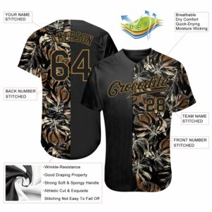 Custom 3D Pattern Design Golden Tropical Leaves In The Style Of Jungalow And Hawaii Authentic Baseball Jersey 2 3DPattern0004 2