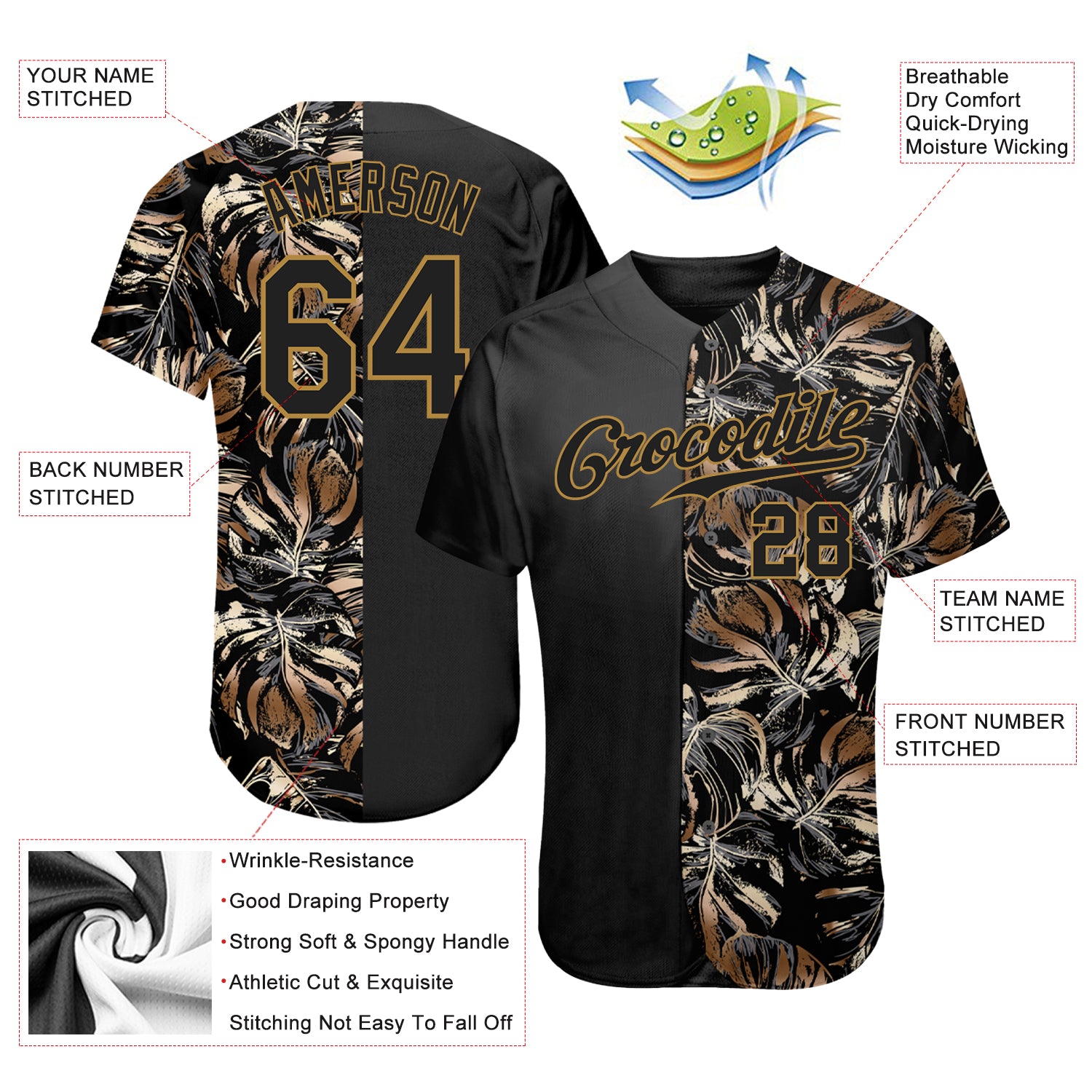 Custom 3D Pattern Design Golden Tropical Leaves In The Style Of Jungalow And Hawaii Authentic Baseball Jersey Custom 3D Pattern Design Golden Tropical Leaves In The Style Of Jungalow And Hawaii Authentic Baseball Jersey