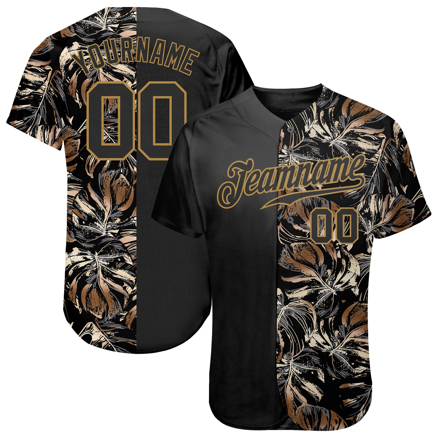 Custom 3D Pattern Design Golden Tropical Leaves In The Style Of Jungalow And Hawaii Authentic Baseball Jersey Custom 3D Pattern Design Golden Tropical Leaves In The Style Of Jungalow And Hawaii Authentic Baseball Jersey