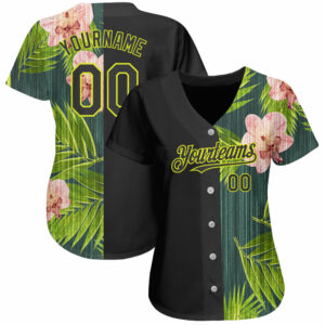 Custom Black Neon Yellow 3D Pattern Design Hawaii Tropical Palm Leaves With Orchids Authentic Baseball Jersey 1 3DPattern1426 1