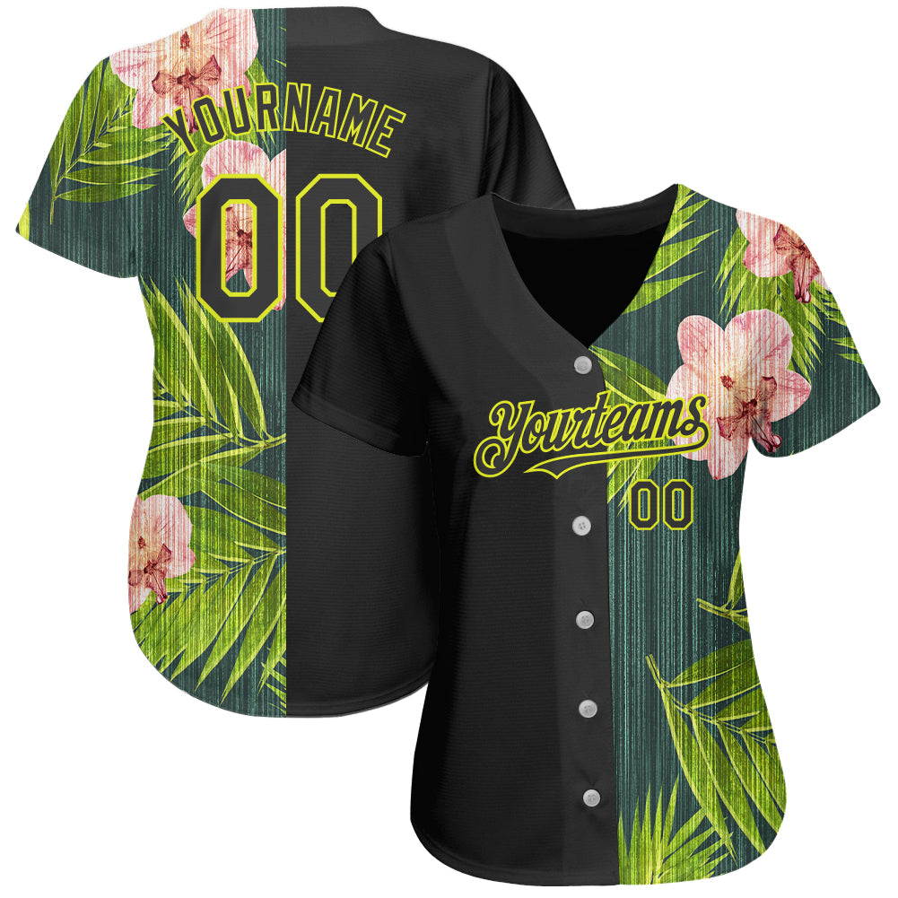 Custom Black Neon Yellow 3D Pattern Design Hawaii Tropical Palm Leaves With Orchids Authentic Baseball Jersey Custom Black Neon Yellow 3D Pattern Design Hawaii Tropical Palm Leaves With Orchids Authentic Baseball Jersey