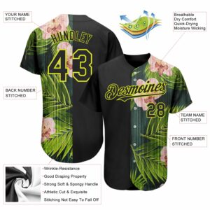 Custom Black Neon Yellow 3D Pattern Design Hawaii Tropical Palm Leaves With Orchids Authentic Baseball Jersey 2 3DPattern1426 2