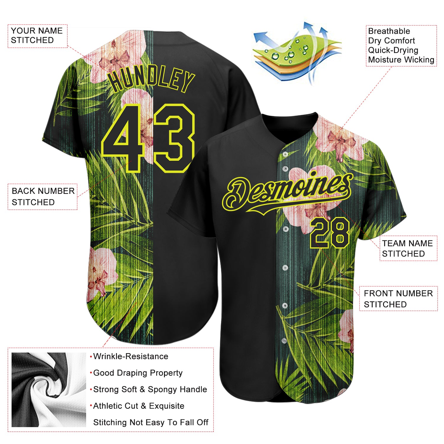 Custom Black Neon Yellow 3D Pattern Design Hawaii Tropical Palm Leaves With Orchids Authentic Baseball Jersey Custom Black Neon Yellow 3D Pattern Design Hawaii Tropical Palm Leaves With Orchids Authentic Baseball Jersey