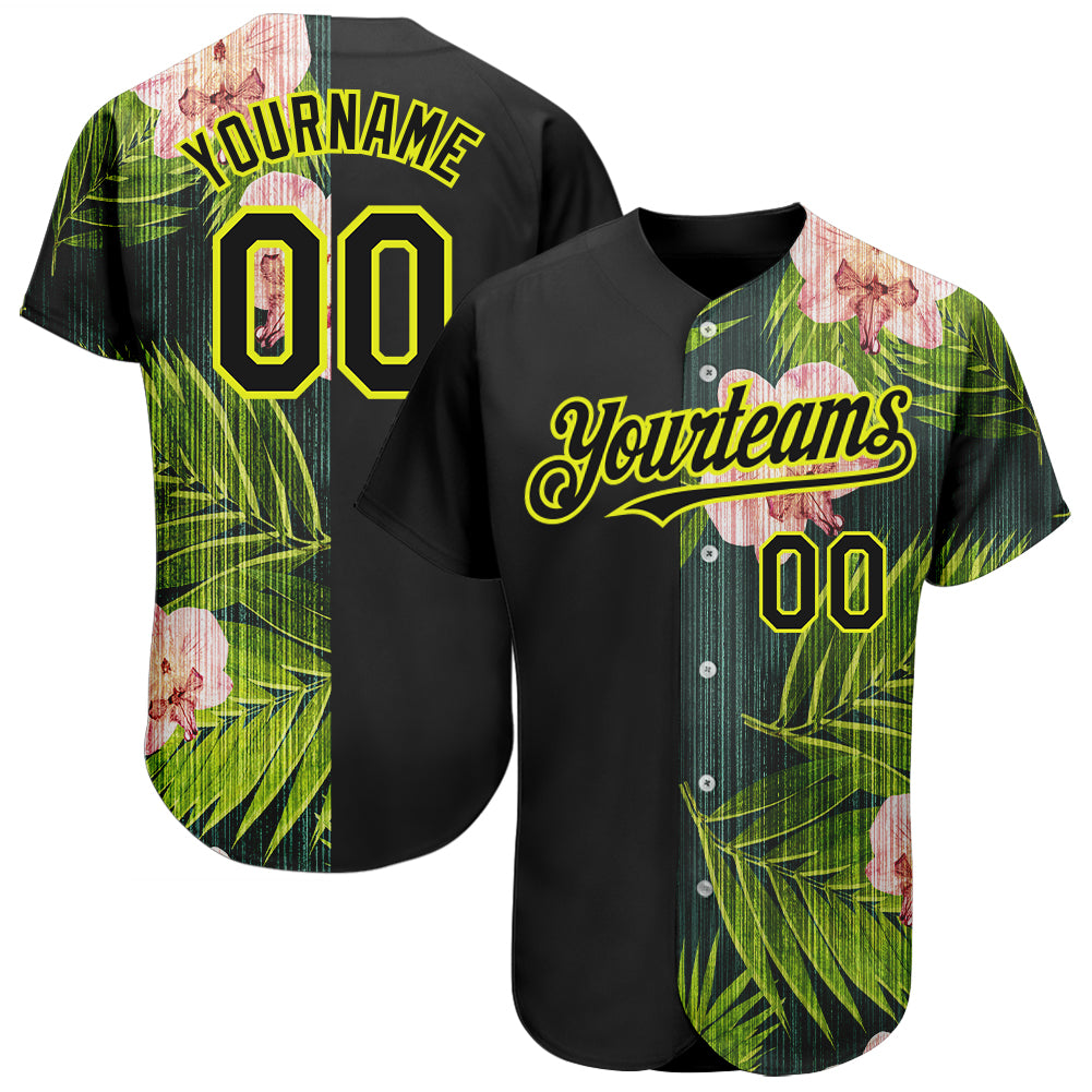 Custom Black Neon Yellow 3D Pattern Design Hawaii Tropical Palm Leaves With Orchids Authentic Baseball Jersey Custom Black Neon Yellow 3D Pattern Design Hawaii Tropical Palm Leaves With Orchids Authentic Baseball Jersey