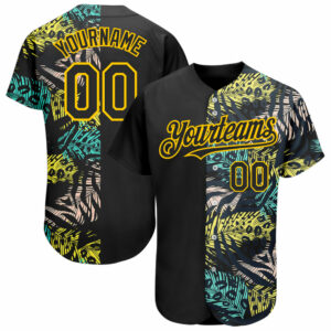 Custom Black Yellow 3D Pattern Design Hawaii Tropical Palm Leaves With Animal Print Authentic Baseball Jersey