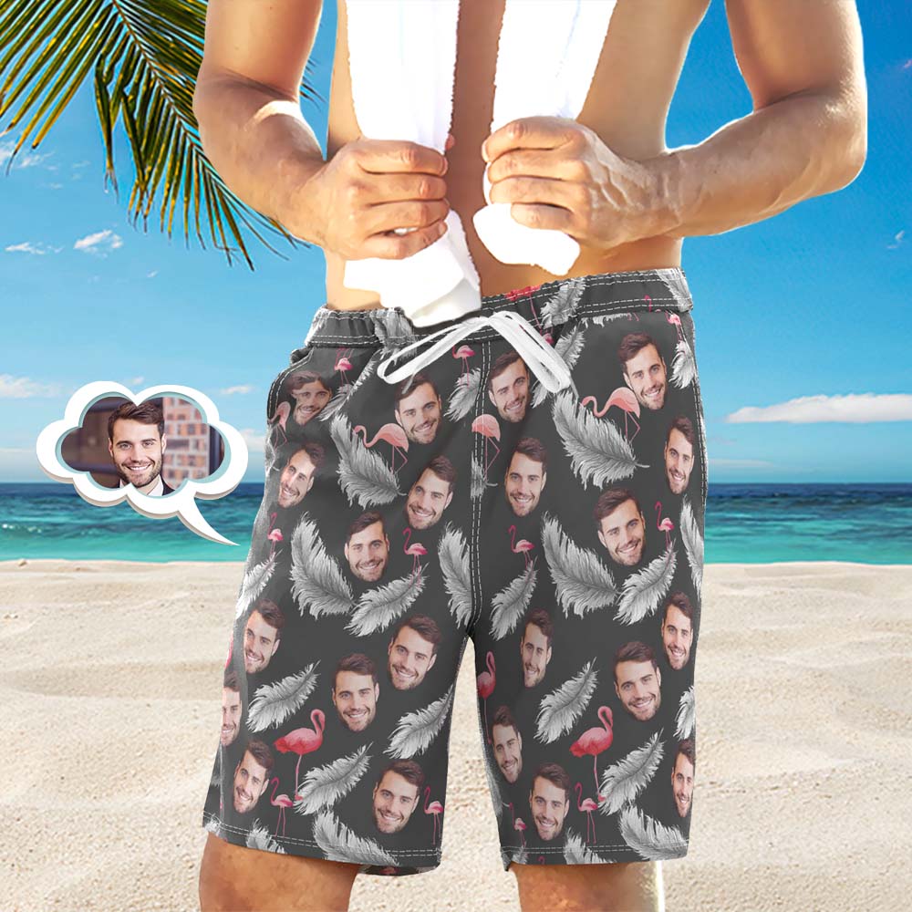Custom Beach Shorts Face on Swim Trunks Men’s Gifts – Feather And Flamingo Black Custom Beach Shorts Face on Swim Trunks Men’s Gifts – Feather And Flamingo Black