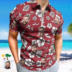 Custom Red Flowers Men’s Polo Shirt Personalized Face Funny Polo Shirt with Zipper