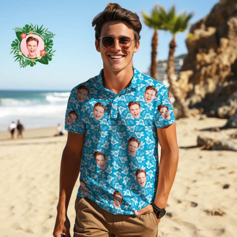 Men’s Custom Face Polo Shirt Blue Crush Personalized Hawaiian Golf Shirts Gift for Him Men’s Custom Face Polo Shirt Blue Crush Personalized Hawaiian Golf Shirts Gift for Him