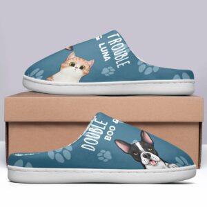 Double Trouble Personalized Slippers Mothers Day Funny Birthday Gift For Pet Lovers Dog Mom Cat Dad Dog Cat Owners 1