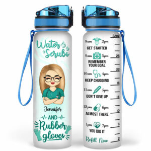 Water Scrubs And Rubber Gloves – Gift For Nurses – Personalized Custom Water Tracker Bottle