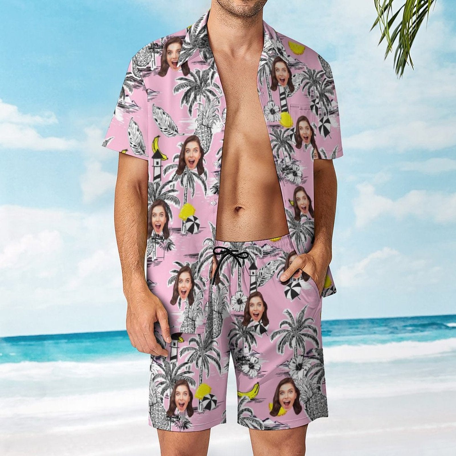 Custom Face on Hawaiian Set Palm Tree Pineapple Beach Holiday Hawaiian Shirt & Summer Shorts Set Custom Face on Hawaiian Set Palm Tree Pineapple Beach Holiday Hawaiian Shirt & Summer Shorts Set